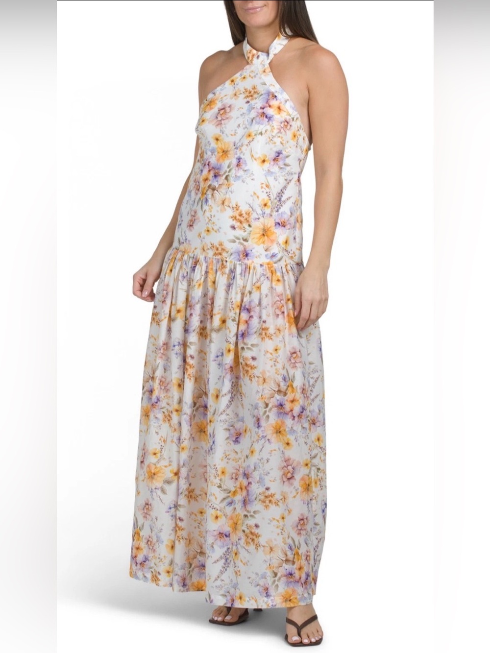 Aqua Blu White Halter Maxi Dress with Yellow & Lavender Floral Print size M